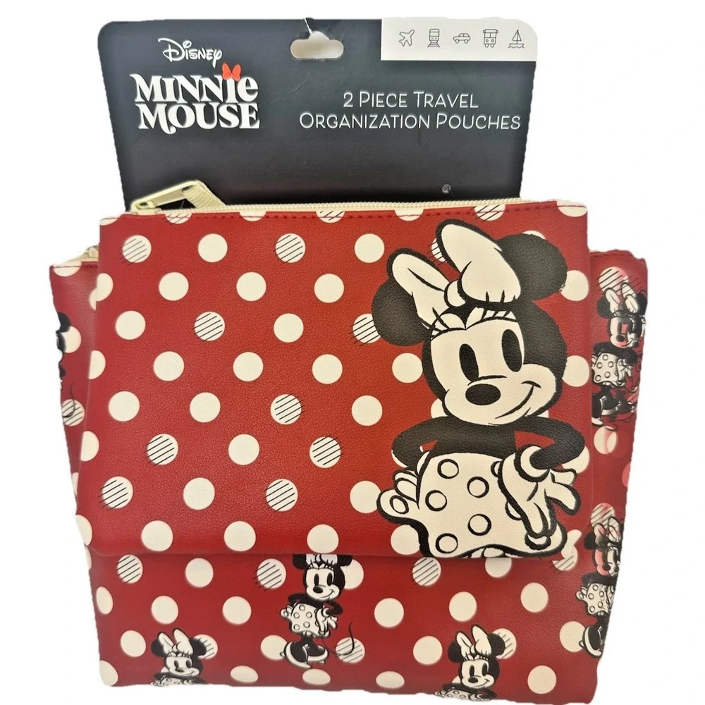Disney Minnie Mouse 2 Pc Travel Pouch Set Red Polka Dot Cosmetic Bag